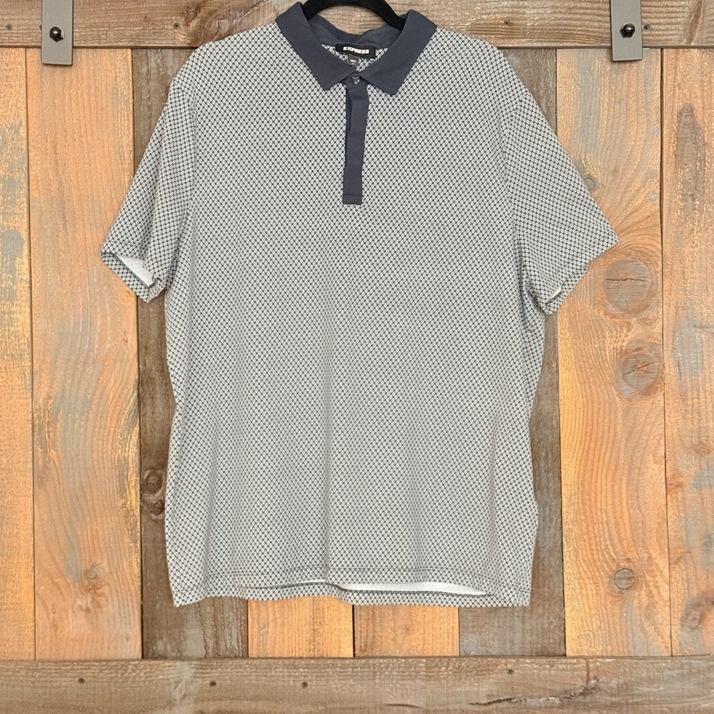 Express Dressy Jacquard Print Contrast Collar Polo Shirt Blue White Mens XL